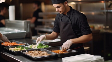 The chef in restaurant kitchen finishes the food ready for delivery in takeaway packages