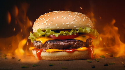 Un hamburger avec viande, fromage et légumes. Gros plan du burger sur fond de flammes. Alimentation, fast food, nourriture. Pour conception et création graphique.