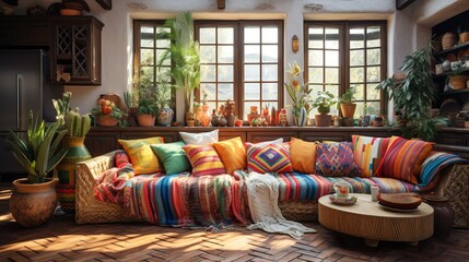 Ethnic boho style modern home living room interior with chairs and decorations and sofa