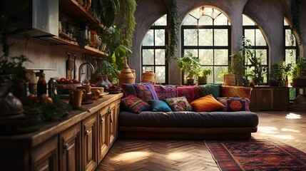 Ethnic boho style modern home interior with chairs and decorations