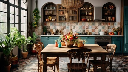 Ethnic boho style kitchen interior with table and chair and tribal decorations