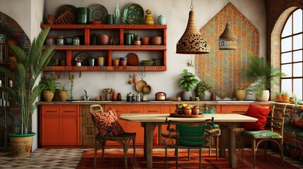 Fototapeta premium Ethnic boho style kitchen interior with table and chair and tribal decorations