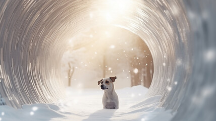 a cheerful dog outside a walk in the morning in the park arches merry Christmas and happy new year greeting card.