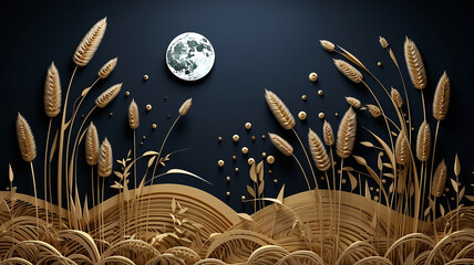 flat sculpture of ears of golden wheat at night under the moon, in the body of oriental coinage. - obrazy, fototapety, plakaty
