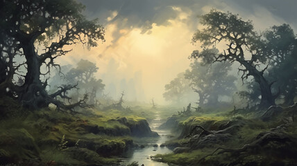 landscape huge old oaks in the swamp oil paint delicate colors paintings on canvas.