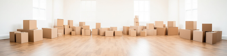 cardboard boxes isolated on a long narrow white background panorama row. - obrazy, fototapety, plakaty