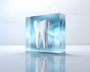 The concept of tooth enamel protection. A model of a white tooth in a blue ice cube.