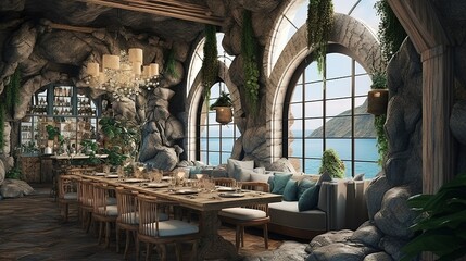 Restaurant in cave modern victorian style interior with view to the sea - obrazy, fototapety, plakaty