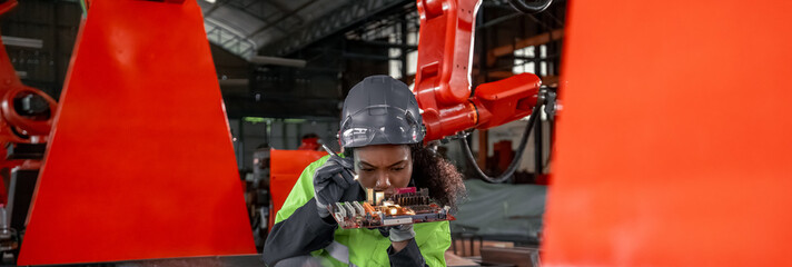 Fototapeta premium Engineer improves robot arm with silicon wafer PCB integration for enhanced performance, efficiency