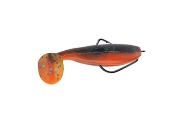silicone fishing bait in the form of a fish isolated from the background