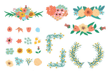 set of flowers and wreath frames for card design