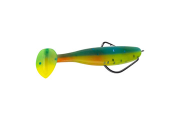silicone fishing bait in the form of a fish isolated from the background