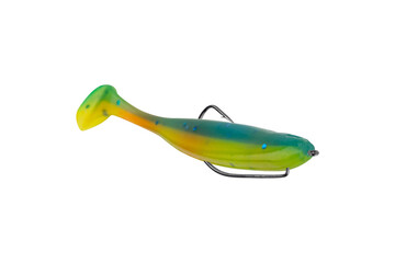 silicone fishing bait in the form of a fish isolated from the background