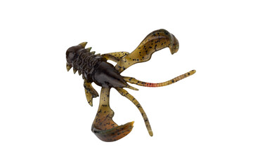 silicone fishing bait in the shape of a crayfish isolated from the background