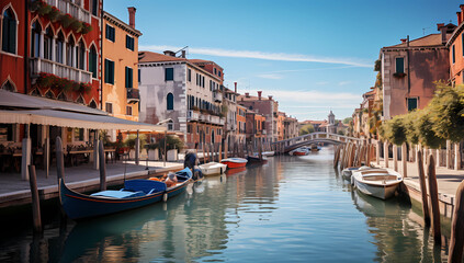 wide river canal of Venice with moored boats - obrazy, fototapety, plakaty