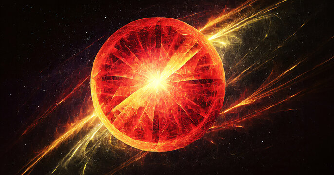 illustrazione con stella rossa incandescente, getti di luce su uno sfondo scuro e stellato