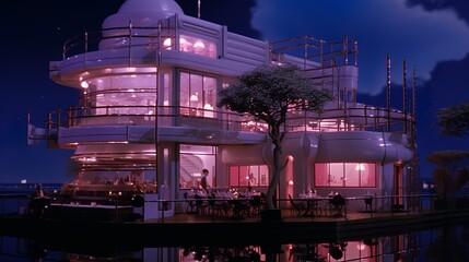 Retrofuturistic art-deco restaurant exterior design with bright colours and utopistic architecture