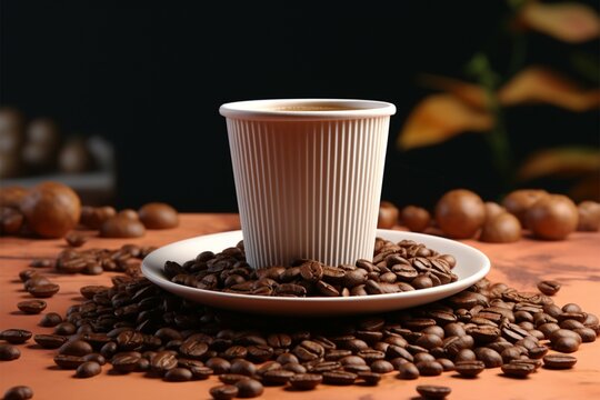 Java journey A coffee cup resting on beans, pastel setting