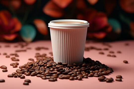 Java journey A coffee cup resting on beans, pastel setting