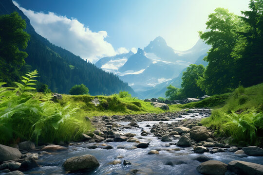 A very beautiful mountain lake in the green mountains, and a mountain river flowing through a rocky gorge