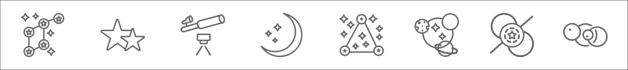 outline set of astronomy line icons. linear vector icons such as lyra constellation, double star, finderscope, blue moon, star cluster, magnitude, pulsar, eccentricity © Digital Bazaar