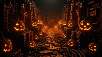 Halloween maze with walls and pumpkins on sides - obrazy, fototapety, plakaty