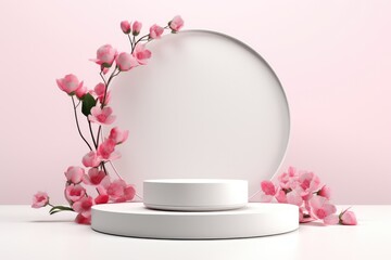 Stone podium with cherry blossom flowers on japanese style background. Japanese style beauty scene for cosmetic product branding Unique presentation and packaging Promotional display.