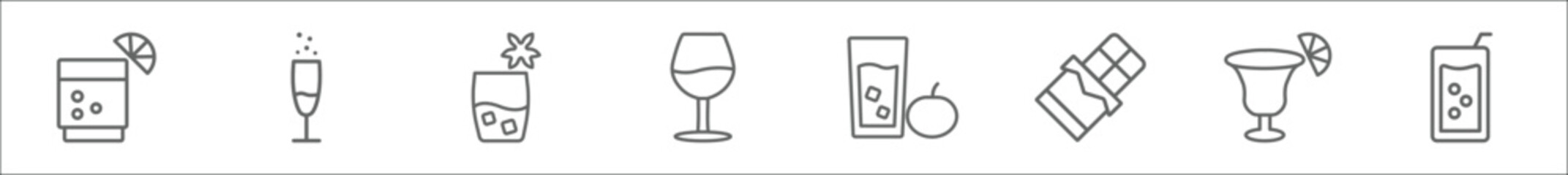 outline set of drinks line icons. linear vector icons such as lime rickey drink, champagne, caipiroska, wine, tomato juice, chote, last word drink, soft drink