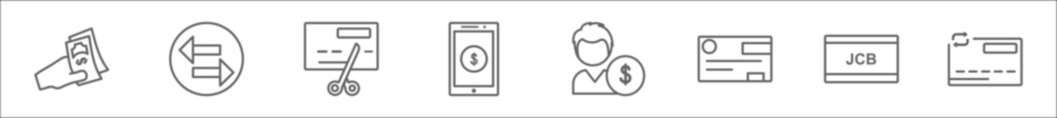 outline set of payment line icons. linear vector icons such as pay, transfer, cut card, mobile money, seller, cheque, , wirecard