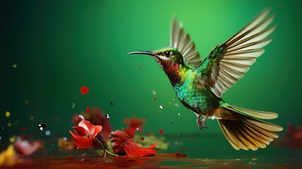  a hummingbird flying over a flower with its wings spread.  generative ai