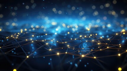 Obraz premium Blue abstract background with a cyber network grid and connected particles.