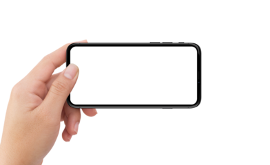 Isolated human left hand holding white mobile smart phone device mockup