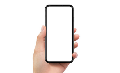 Isolated human left hand holding black mobile smart phone device mockup white background - obrazy, fototapety, plakaty