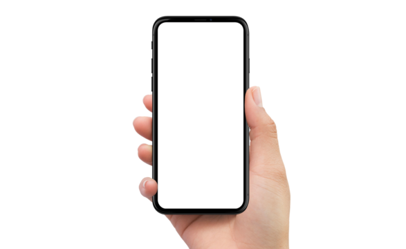 Isolated human right hand holding black mobile smart phone device mockup
