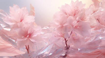  a bunch of pink flowers on a clear day with a blue sky in the background.  generative ai