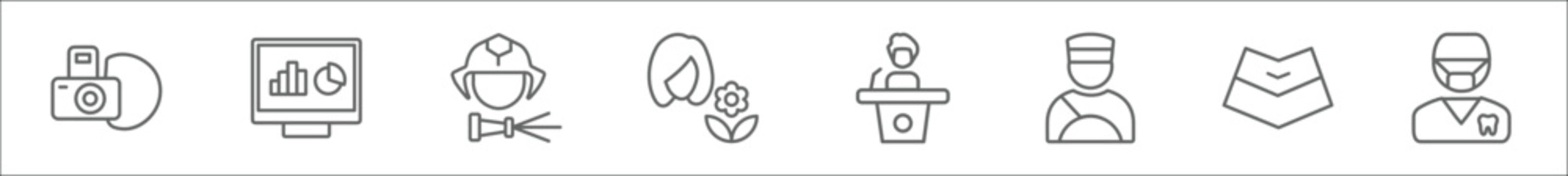 outline set of professions line icons. linear vector icons such as photographer, computer systems analyst, fireman, florist, politician, driver, air hostess, orthodontist