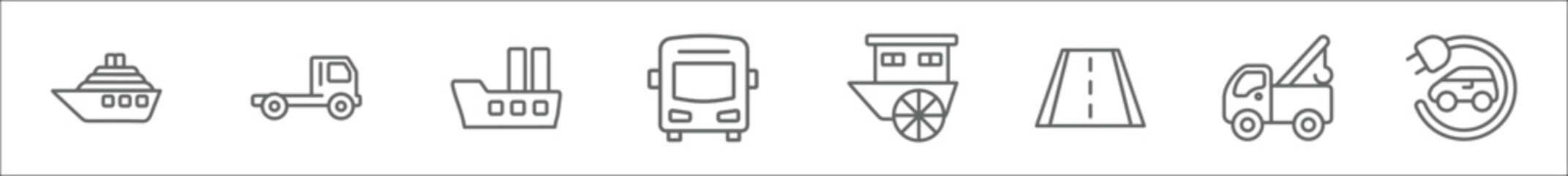 outline set of transportation line icons. linear vector icons such as cruiser, flatbed lorry, ship, bus, paddlewheeler, road, tow truck, electro car
