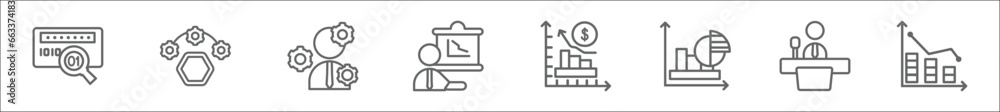 Poster outline set of analytics line icons. linear vector icons such as binary data search, polygonal chart