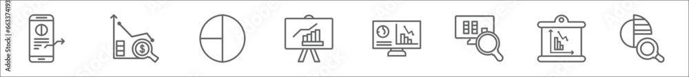 Poster outline set of analytics line icons. linear vector icons such as mobile stock data, dollar analysis 