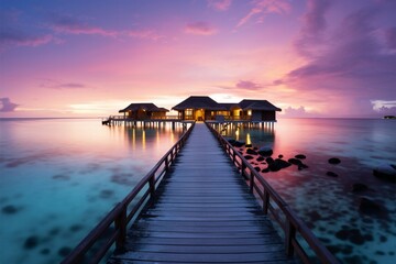 Luxury resort concept Maldives beachscape, sunset serenity, and endless sea - obrazy, fototapety, plakaty