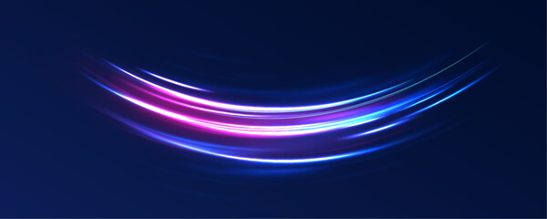 Illustration of light ray, stripe line with blue light, speed motion background. Neon color glowing lines background, high-speed light trails effect.	