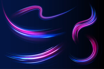 Acceleration speed motion on night road. Illustration of light ray, stripe line with blue light. Abstract neon color wave lights background. 