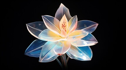  a large white flower with blue petals on a black background with a light reflection on the center of the flower and the center of the petals.  generative ai