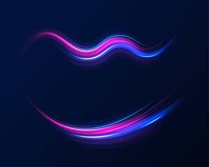 Acceleration speed motion on night road. Illustration of light ray, stripe line with blue light. Abstract neon color wave lights background. 