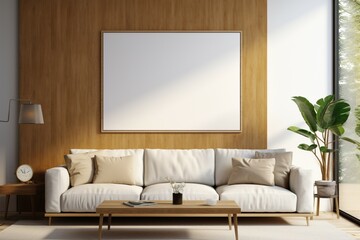 Living room interior with a mockup poster frame on the wall