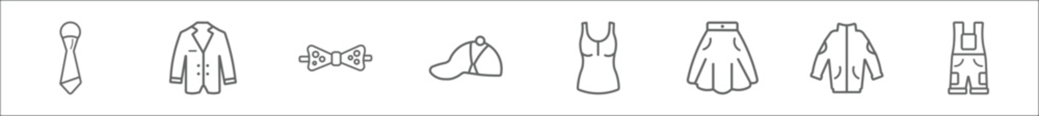 outline set of clothes line icons. linear vector icons such as necktie, suit jacket, butterfly tie, cap, tank top, skirt, jogging jacket, dungarees