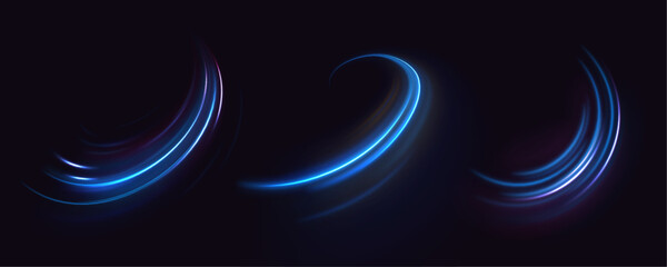 Illustration of light ray, stripe line with blue light, speed motion background. Neon color glowing lines background, high-speed light trails effect.	