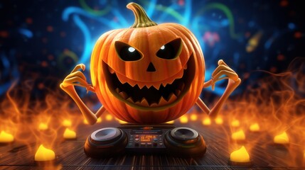 Halloween pumpkin DJ spinning 