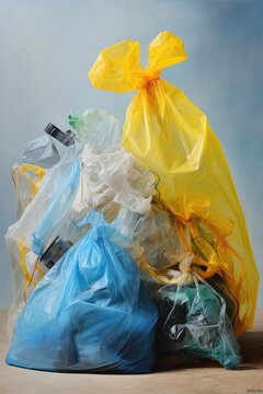 bag of garbage with yellow and blue color containing card boxes and plastic 
