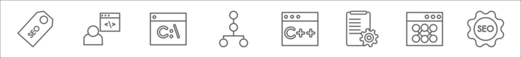 outline set of seo line icons. linear vector icons such as seo tags, developer, command, sitemap, programming language, compiler, seo monitoring, badge - obrazy, fototapety, plakaty